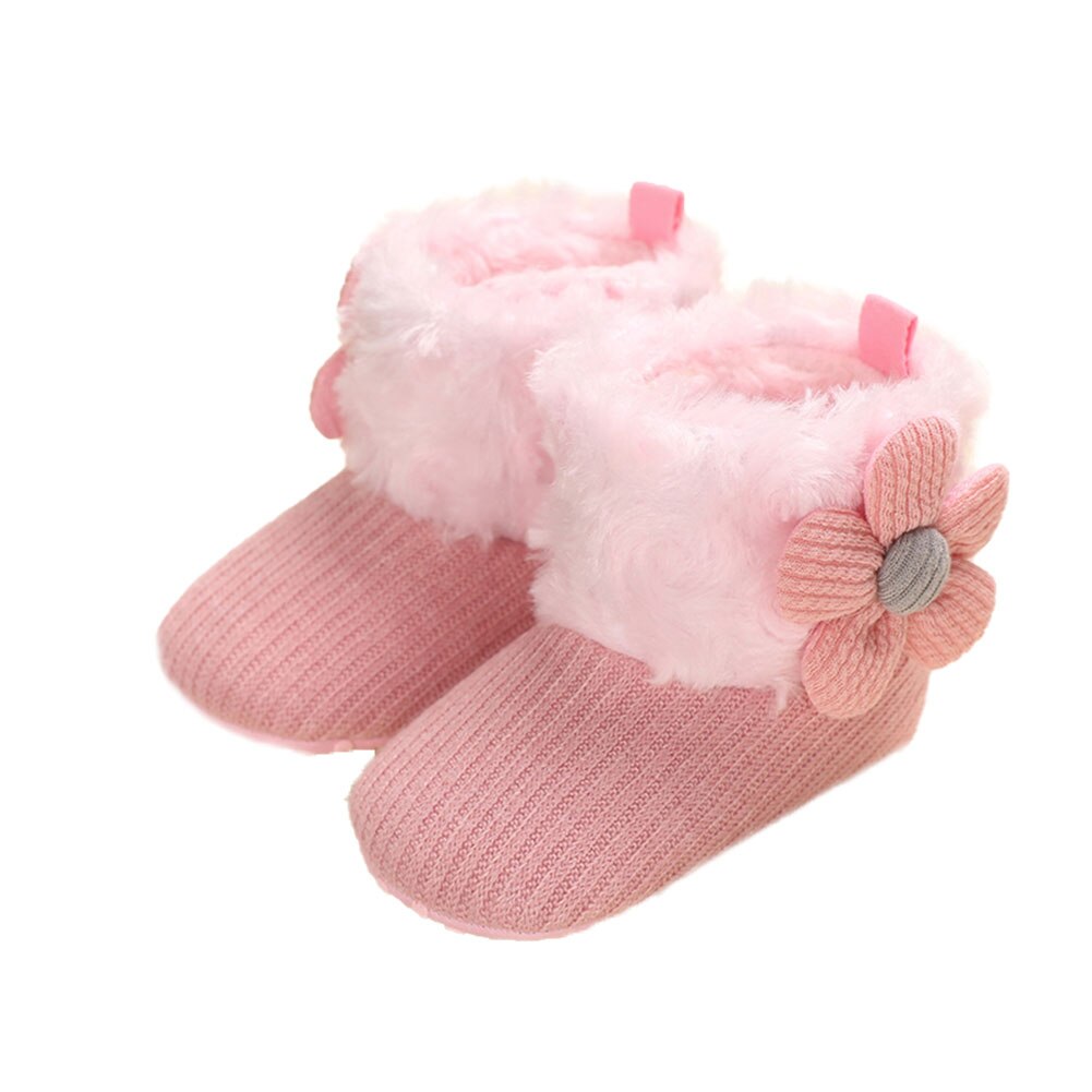 Baby Meisjes Snowboots Zachte Faux Fur Knit Bloem Booties Anti-Slip Baby Prewalkers 0-18M: Roze / 0-6 months