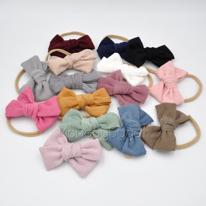 15 teile/los Handtied Corburoy Bogen Baby Nylon Stirnband Baby Haar Bogen Clips Kleinkind Haar Zubehör