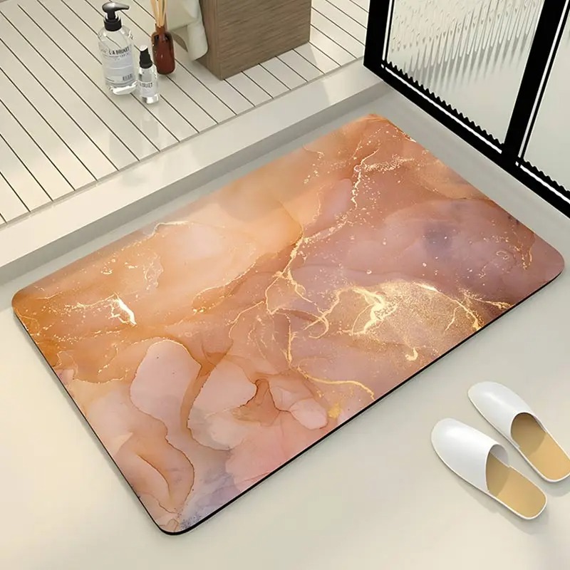 Alfombra de baño con textura de mármol, alfombra de baño antideslizante de lujo para ducha, alfombrillas para pies súper absorbentes, felpudo de baño para el hogar de secado rápido: Rosa / 400 mm x 600 mm