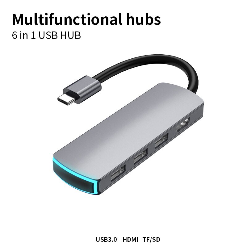 USB C Hub USB C HDMI Adattatore 6 In 1 Tipo C Hub con 4K USB C a HDMI, carta di DEVIAZIONE STANDARD TF Reader 3 Porte USB 3.0 con la Respirazione Luce per