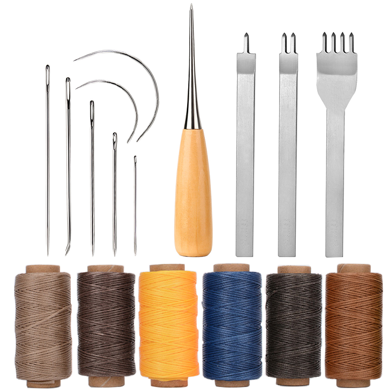 Kit de herramientas de costura de cuero, hilo encerado, tijeras de punzón de cobre para bricolaje, Zapatero de cuero, bolsas, reparación de costuras: C2 Set
