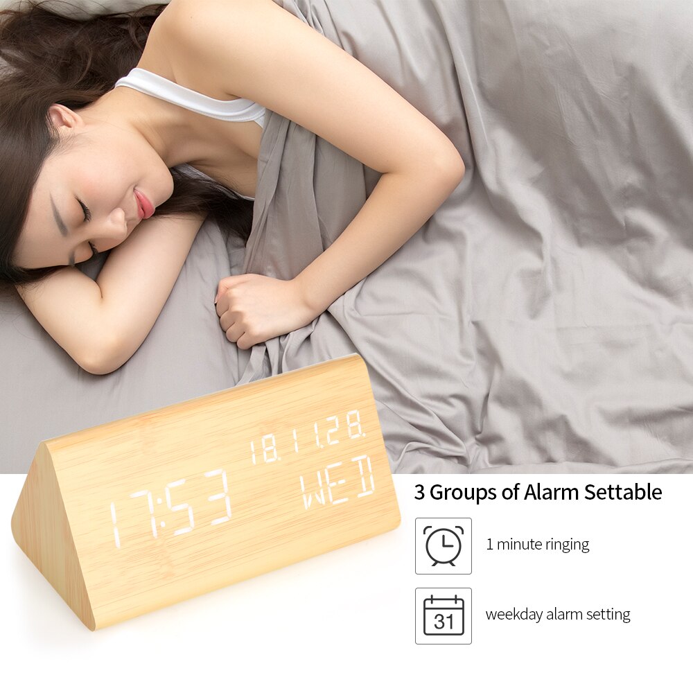 Wooden LED Alarm Clock Sound Control Digital Alarm Clock USB/Battery Powered Dimmer Thermometer Clock with 3 alarm Weekday Alarm