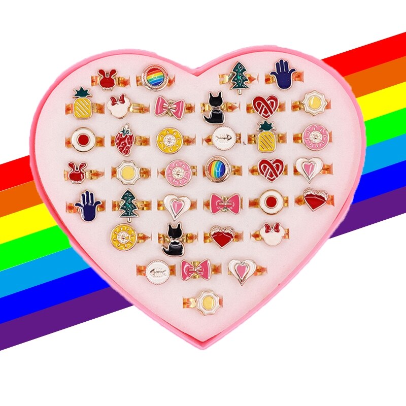 NEWEST 36pcs Children Kids Little Girl , Jewelry Adjustable Rings in Box, Girl Pretend Play and Dress up Rings
