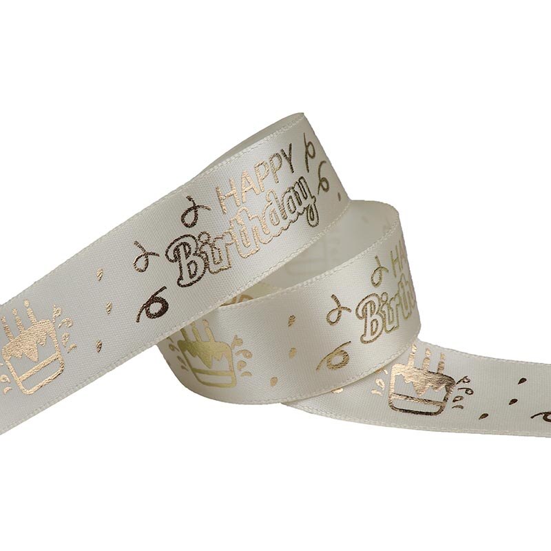 25mm Birthday Ribbon Happy Birthday Printed Satin Ribbon For Birthday Wrapping Birthday Party Decoration Accessories Ribbon: Beige