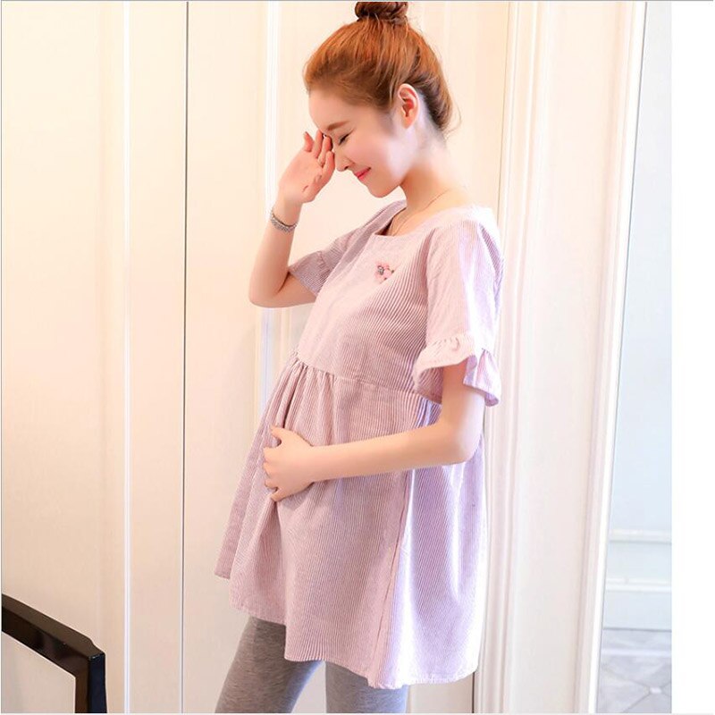 Summer Maternity T-Shirt Dresses Loose Clothes For Pregnant Women Stripe Pregnantcy Tops Maternity T shirt X129