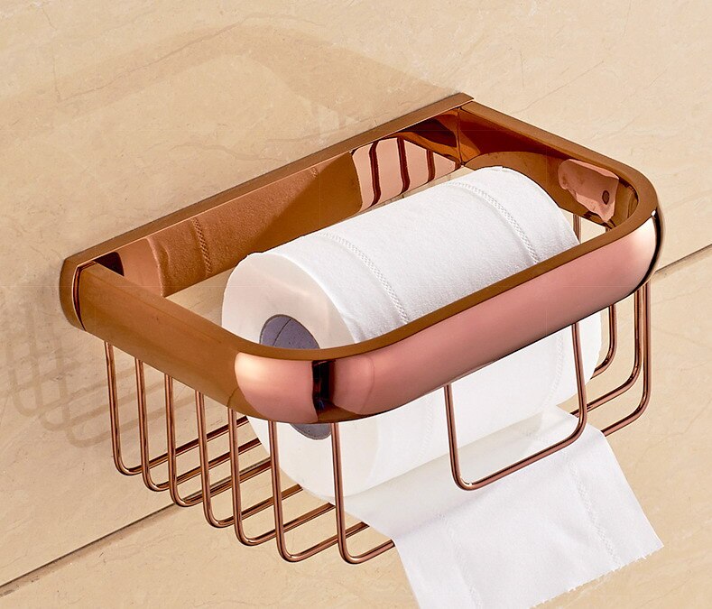 Luxury Rose Gold Brass Square Bathroom Accessories Set Bath Hardware Towel Bar Soap Dish Toilet Paper Holder Robe Hook mm022: Toilet Paper Basket