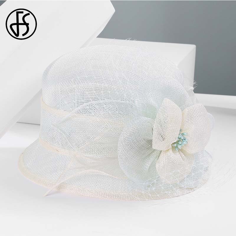 FS Sinamay-sombreros de flores para mujer, sombrero rosa de ala ancha, estilo Derby, tocado para boda, iglesia, , Chapeu femenino: Light Blue Fedoras