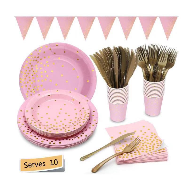 Roze Feestartikelen Set Stippen Papieren Borden Wegwerp Servies Set Servetten Cups Vork Messen Lepel Verjaardag Bruiloft Baby Shower: 10-piece set