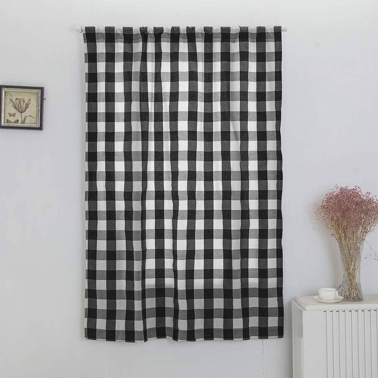 Cortina de ventana corta con estampado a cuadros, persianas romanas ajustables con agujeros, cortinas opacas para sala de estar y cocina