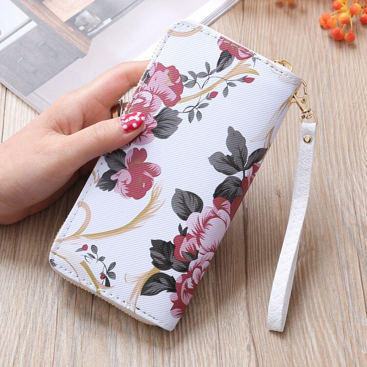 Women's Rose Print Wallet Long Handbag Wild Zipper Clutch Bag Multi-card Wallet Purse Card Holder cartera: Red