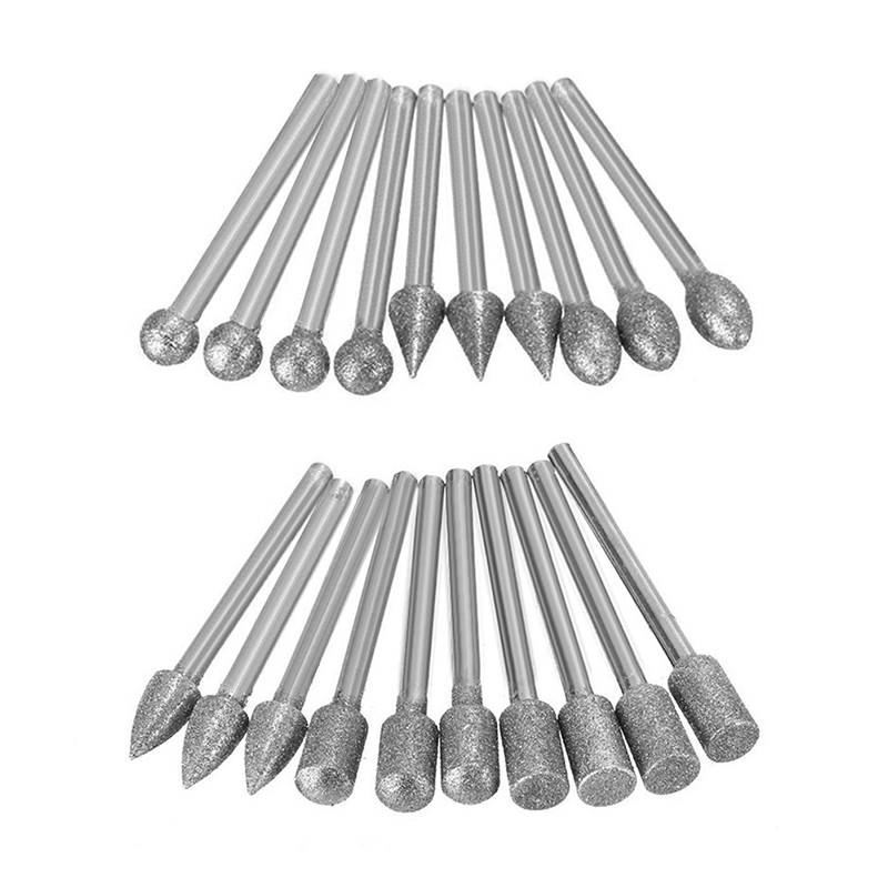 20Pcs 3mm Shank Diamond Burr Bit Cut Engraving Carving Rotary Drill Bits