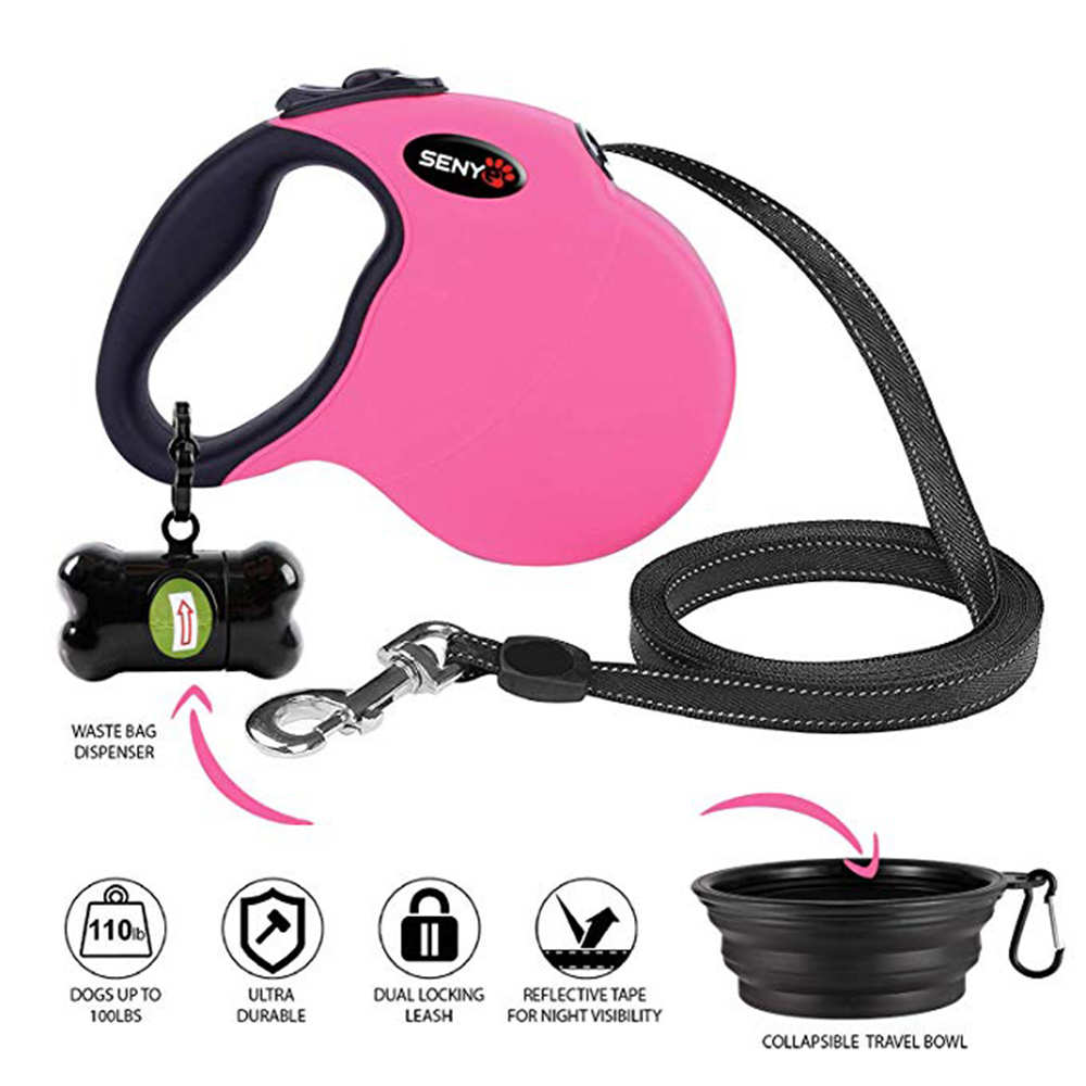 Pet Dog Leash 5M Durable Automatic Retractable Dog Leash Dog Bowl Dog Garbage Bag Set of Combinations Great for Medium&Large Dog: pink
