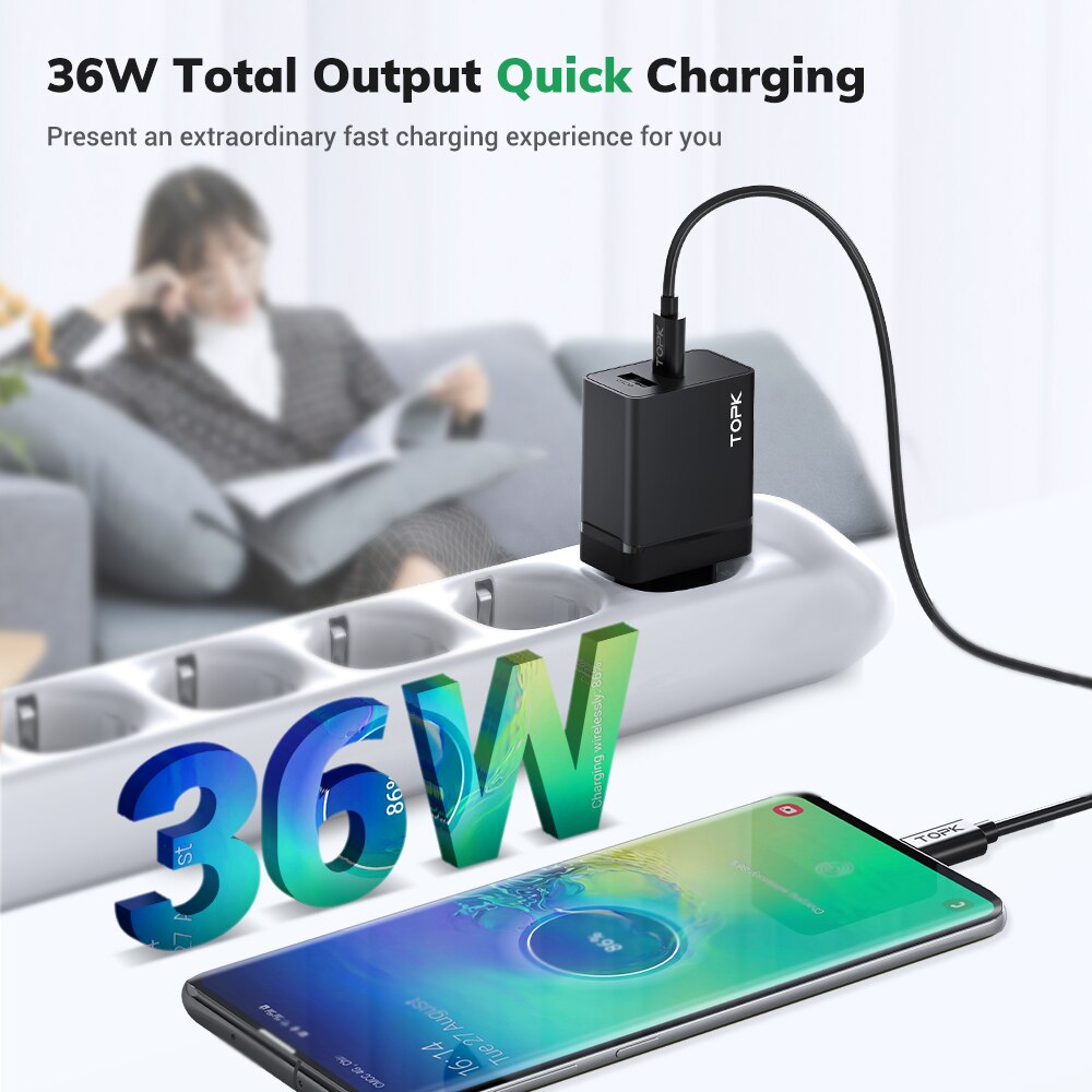 TOPK-Dispositivo de carga portátil para móvil, cargador rápido de 4 puertos USB tipo C, adaptador 3.0 de enchufe de tipo UE E.E.U.U. RU, potencia de 36W, compatible con teléfono iPhone 11, Xiaomi y Samsung
