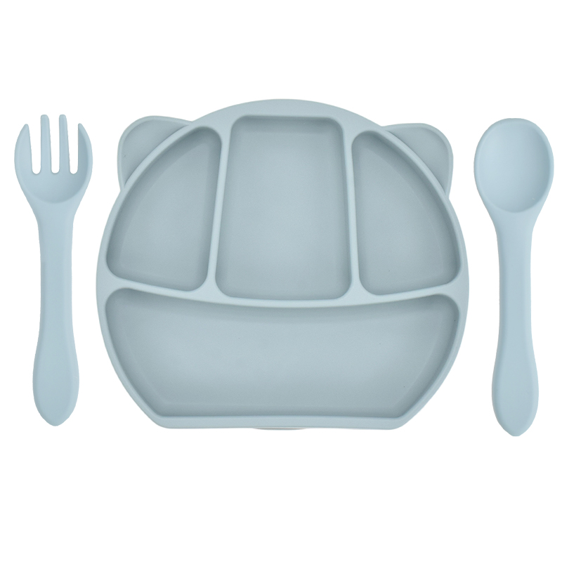 Baby Feeding Plate Food Grade Silicone Animal Type Suction Baby Plate BPA Free Waterproof Kid Tableware Plate Children Dishes: 1set Grey Blue