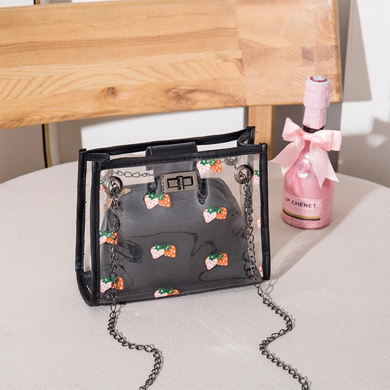 2 stuks/set transparante pvc schoudertassen dames schattige aardbeienprint clutch tas reis crossbody tas samengestelde set