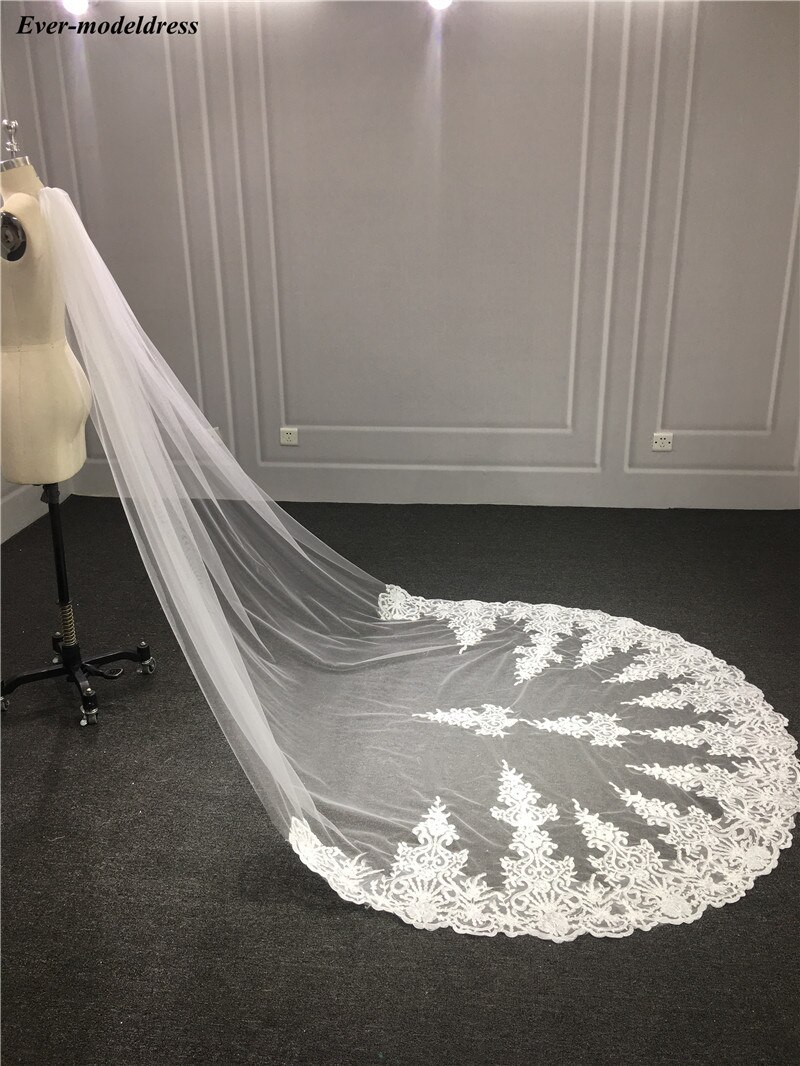 Voiles de mariée avec peigne, Appliques en dentelle, une couche, Long pour mariée, en Tulle, doux, accessoires de mariage, bon marché,