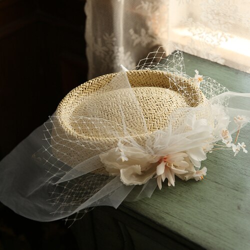Mini sombrero de paja tocado hecho a mano, sombreros de primavera y verano, velo de flores, tocado de boda para damas, tocados para sesión de fotos,: Default Title