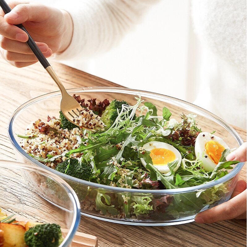 Heat Resistant Glass Plate Household Microwave Oven Baking Tray Salad Fish Plate Oval Transparent Glass Plate