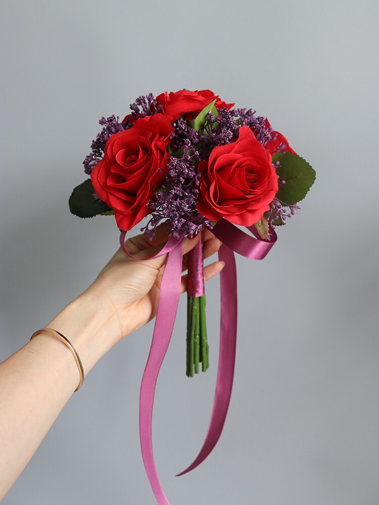 Janevini kunstbloemenmeisjesboeket wit roze blauw roos zijden bruidsmeisjes bruidshandbloemen rood klein bruidsboeket: Rood