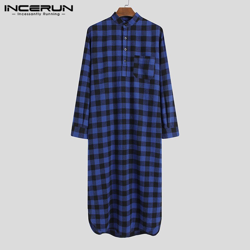 Man Loose Buttons Sleepwear Casual Lattice Homewear INCERUN Men Plaid Sleep Robes Long Sleeve Stand Collar Nightgown 5XL