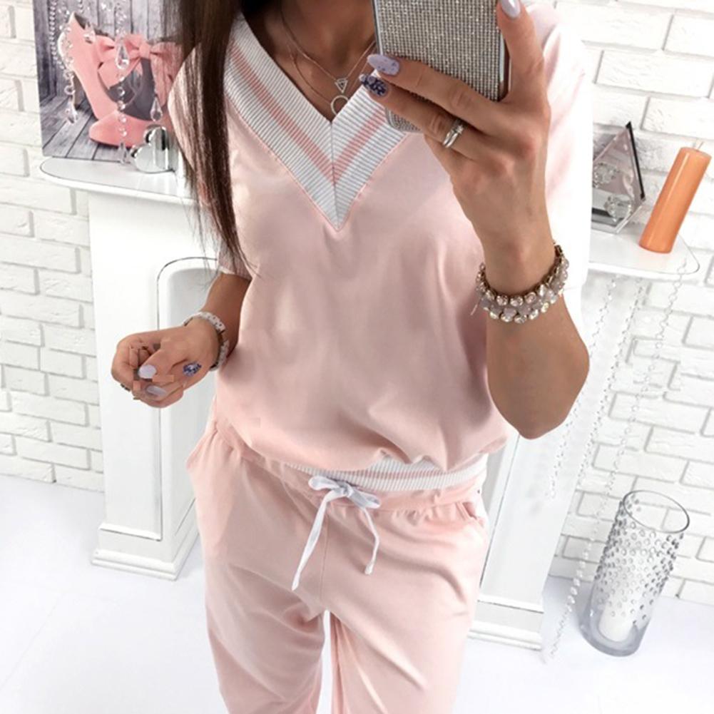 Women Sport Suit Pink Stripe Fitness Running Jogging Suit Autumn Long Sleeve V-neck Loose Gym Sweatshirt+Pants Sportswear