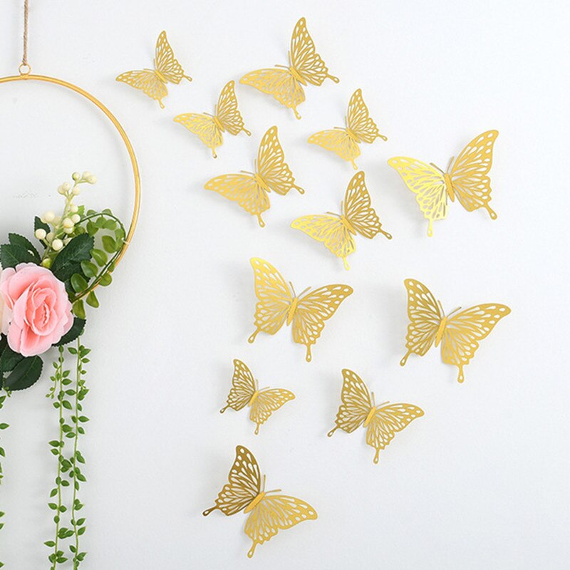 Autocollants muraux papillons en cristal effet 3D, 12 pièces/lot, beaux autocollants muraux pour chambre d'enfants, décoration de la maison: Gold 5