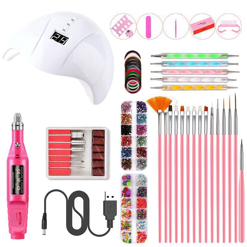 40 stuks nagelset uv led lamp droger met manicure pen gellak strass steentjes kit gereedschapsset elektrische machine boor nagelkunst gereedschap: 14 witte