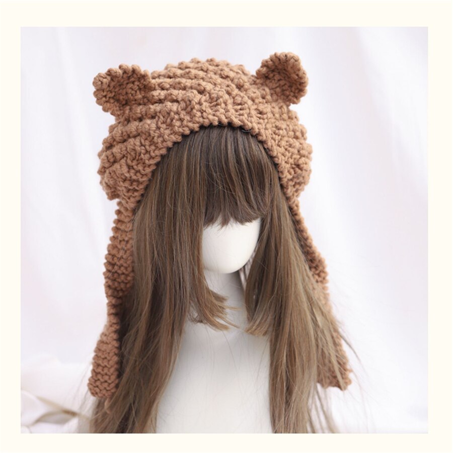 Handgemaakte Lolita Kawaii Meisje Kameel Beer Oor Met Strik Warme Wollen Muts Winter Ear Muff Gebreide Cap D559
