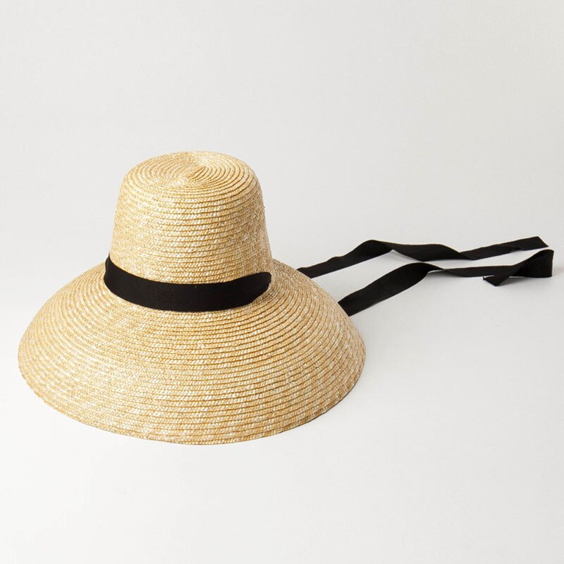 Chapeau de paille de blé pour femmes, grand chapeau souple d&#39;été avec ruban noir et blanc, cravate en dentelle, chapeau de soleil à large bord de 15cm, Protection UV, casquette de plage