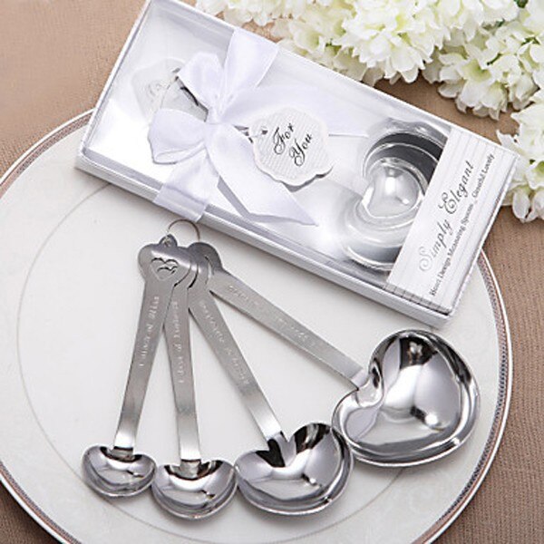 Cuchara medidora de acero inoxidable en forma de corazón, caja de blanca, recuerdos de boda, simple y , 10 juegos por lote,