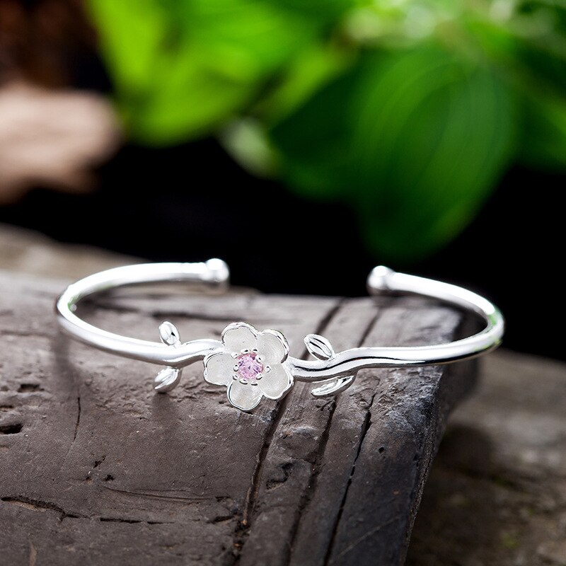 Anenjery Zilver Kleur Kersenbloesems Bangle Armband Met Roze Paars Zirkoon Voor Vrouwen Exquisite Party Sieraden S-B291