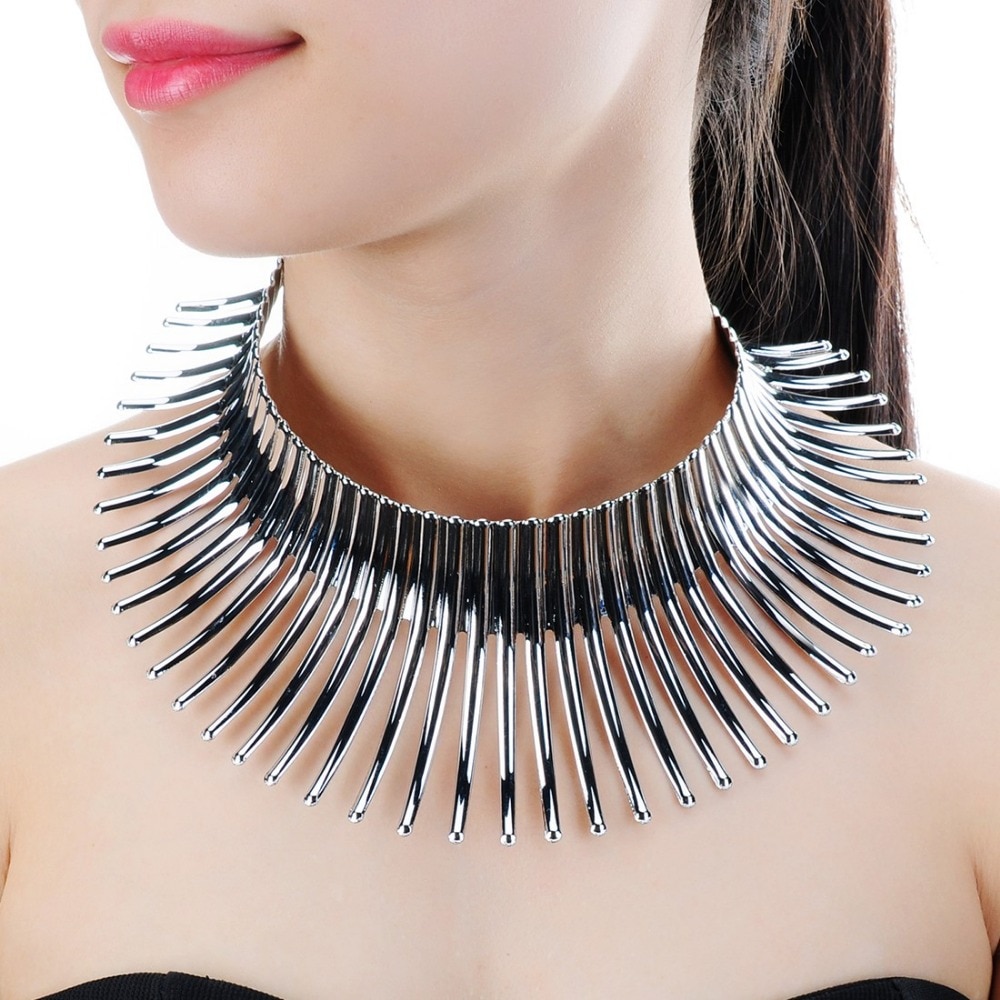 JEROLLIN Unieke Sieraden Zilver & Goud Kleur Sparkling Chunky Choker Collares Toques Bib Afrikaanse Fringe Ketting voor Vrouwen
