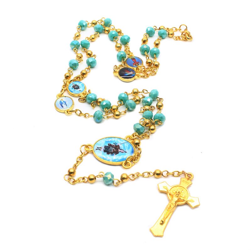 5 stili moda cattolica vergine maria gesù piccola dimensione rotonda perla accessori gioielli catena croce pendente rosario perline collana: Style 3-green