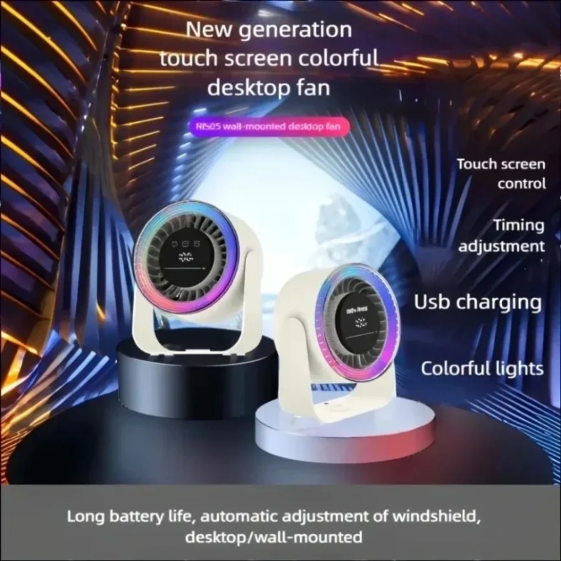 XIKCU Adjustable Gears Fan Portable Wall Hanging Fan with Colorful Lamp Intelligent Temperature Control Digital Display Fan