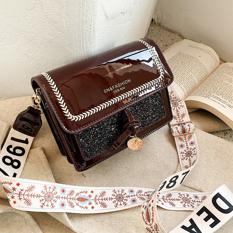 Damväska bred axelrem axelväska messenger bag casual dam crossbody-väska glänsande flik dam handväskor handväska: Brun