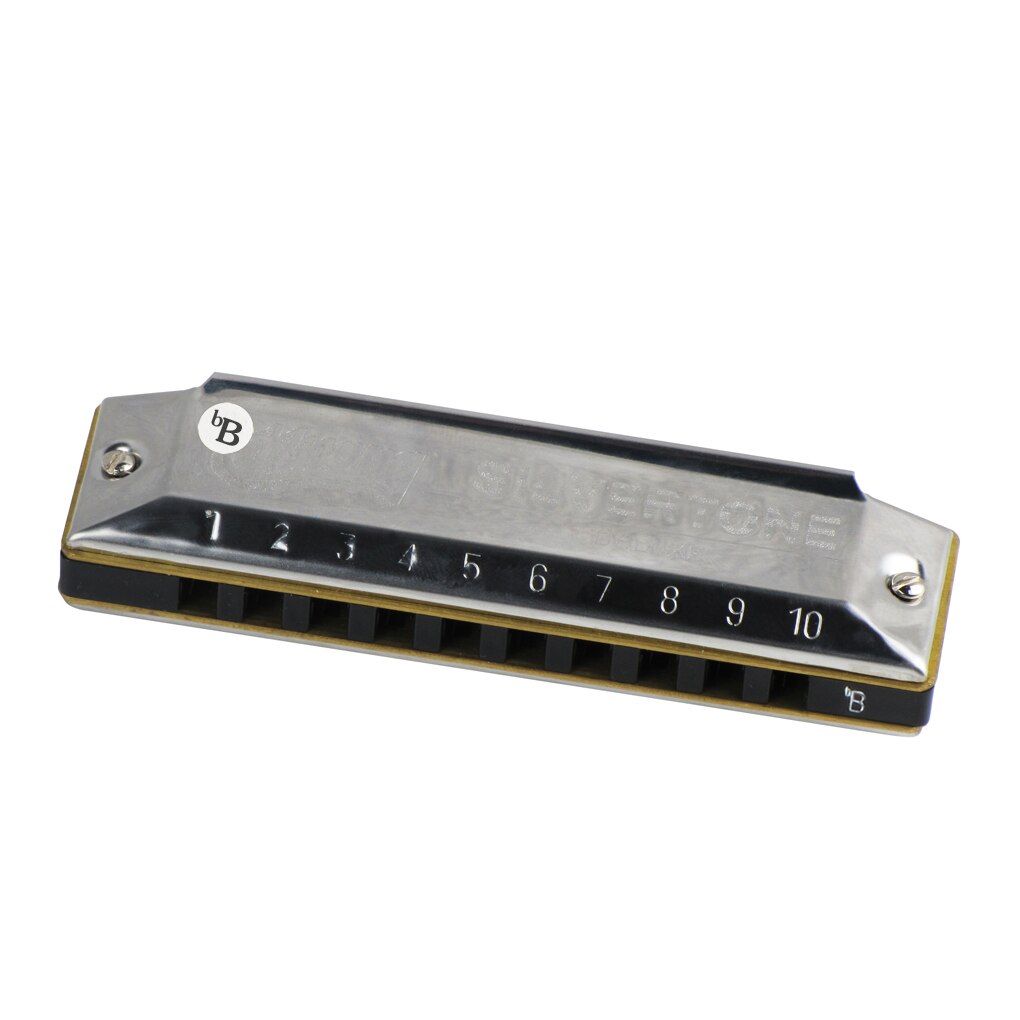 Huang Harmonica 10 Holes 20 Tone Key of bB Blues Diatonic Harmonica Woodwind Instrument Silver Color