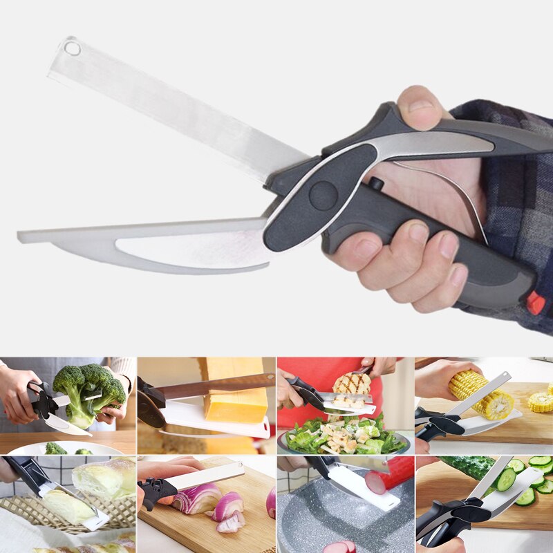 2 i 1 multifunksjonell kutter i rustfritt stål kjøkken saks skjærebrett kokk kniv chopper smart frukt grønnsak saks