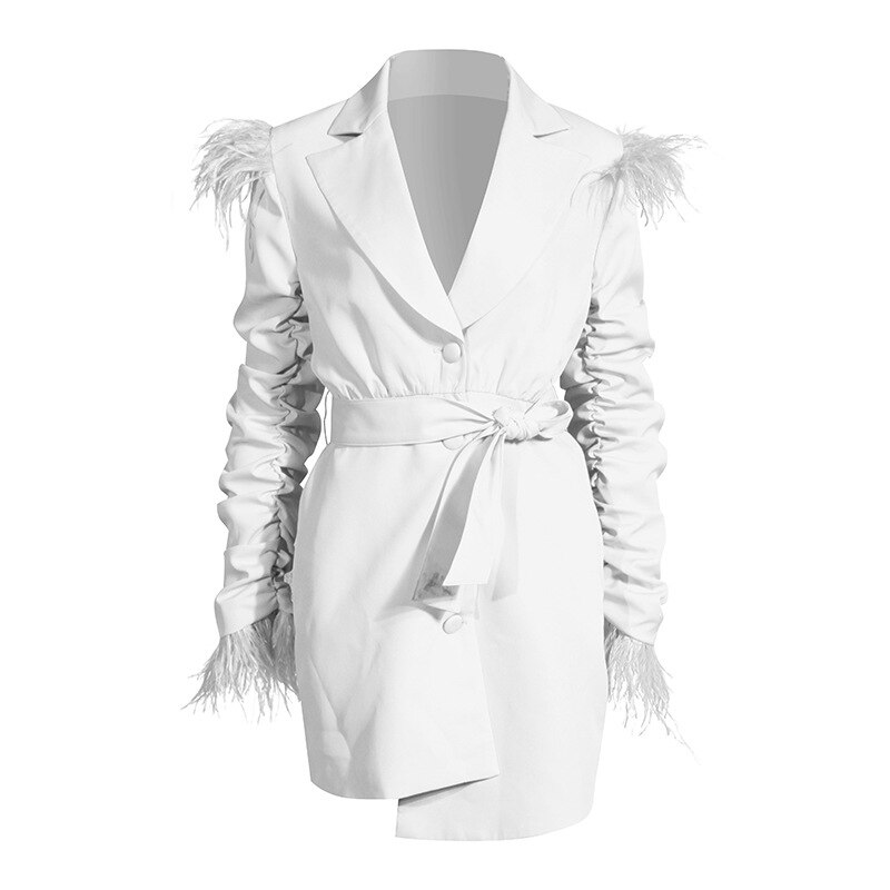 [EAM] vestido de temperamento Irregular de plumas plisadas para mujer, vestido holgado de manga larga con muescas, tendencia a la , primavera otoño 1DA242: White / L