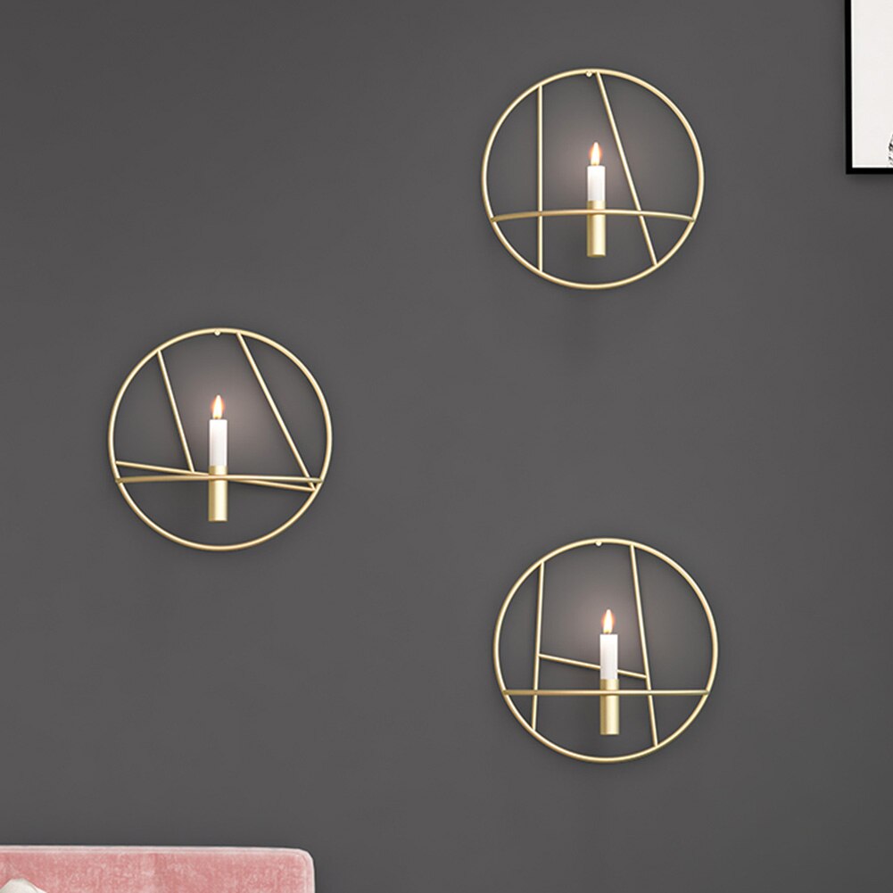 Modern Art 3D Circle Metal Candle Holder Candlestick Wall Hanging Home Bedroom Decor Art Crafts Geometric Golden Candleholder