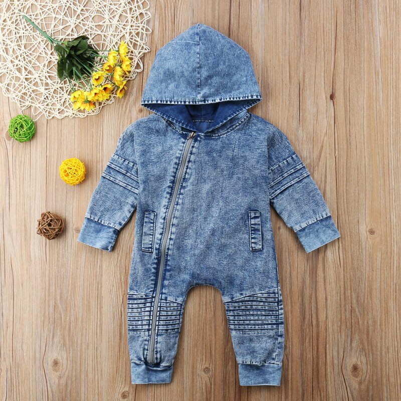 0-3Y Toddler Baby Boys Casual Romper Clothes Long Sleeve Zipper Denim Blue Hooded Solid Jumpsuits Outfit Autumn Winter