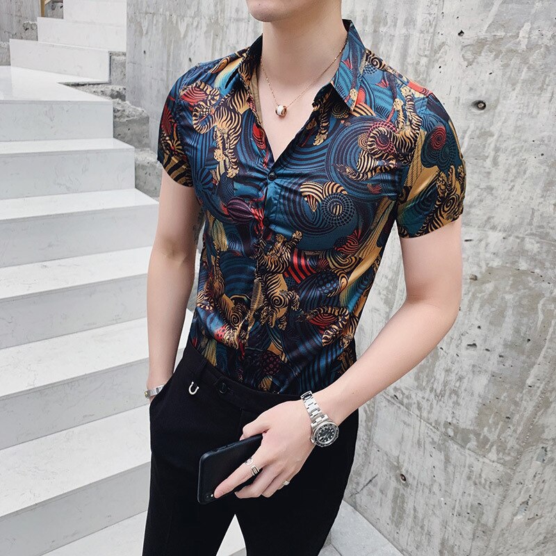 Forretningsarbeidsskjorter kjole herreklær koreansk smokingskjorte sommer kortermet slank passe skrive ut menn skjorte uformelt camisa masculina: Koreansk xxxl