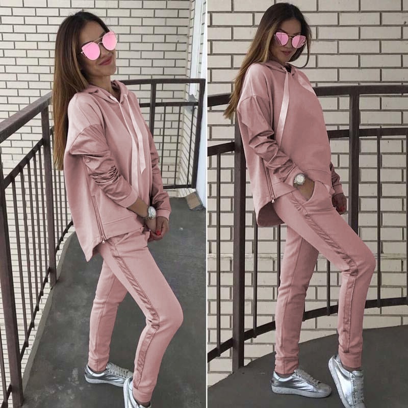 Autumn Winter Tracksuit Long Sleeve Thicken Hooded Sweatshirts 2 Piece Set Casual Sport Suit Women Training Hoodie Suit: S / Pink