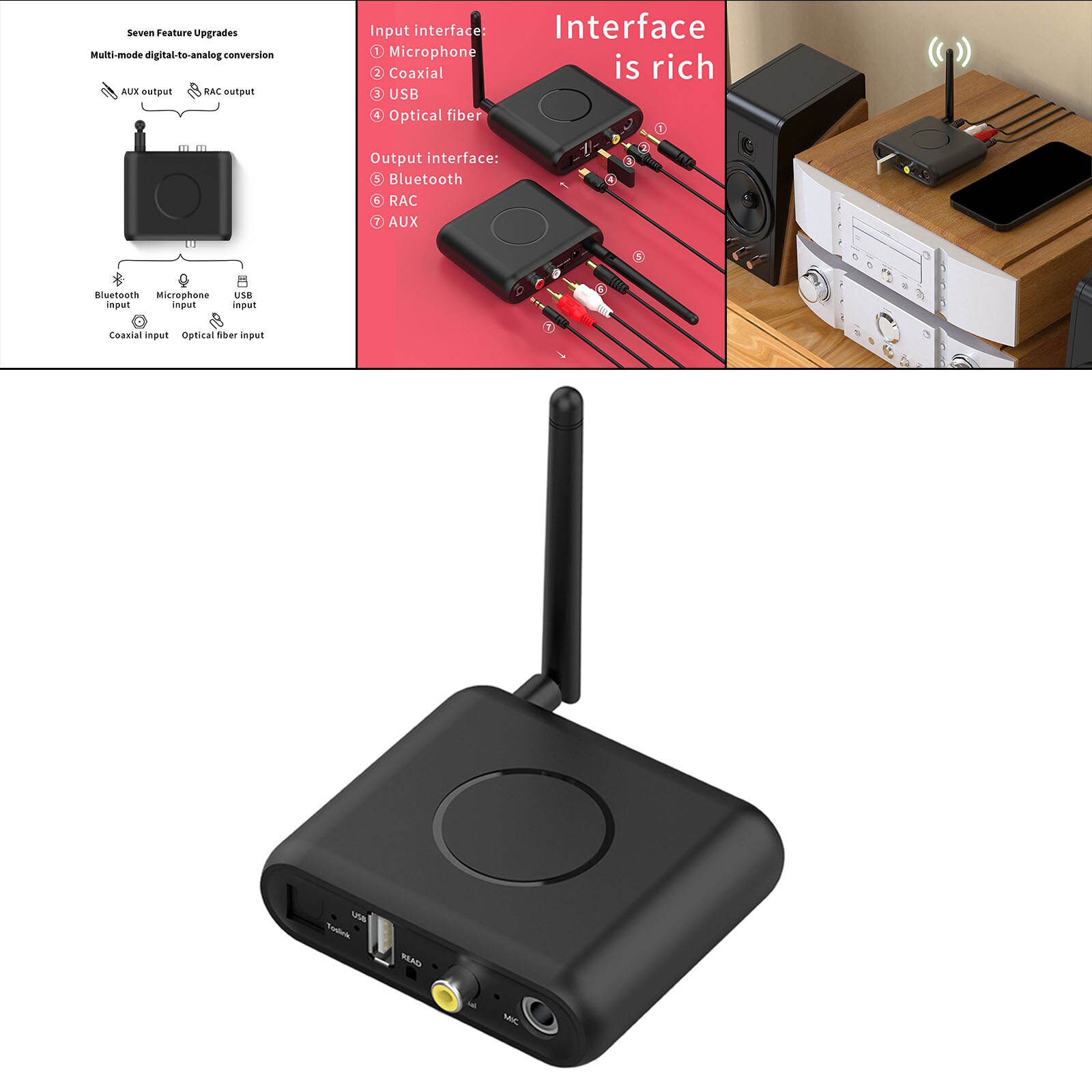 Wireless Bluetooth 5.0 Digital to Analog Audio Converter Remote Control Audio DAC Decoder Adapter RCA &amp; 3.5mm Black