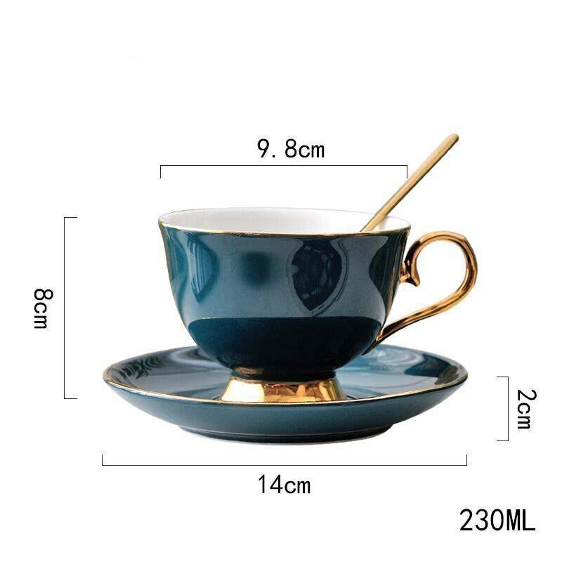 200ml/230ml Dark Green Ceramic Coffee Cup Set With Spoon Saucer Bone China Tea Cups Suite Dish Breakfast Porcelain Milk Mug: B-230ml