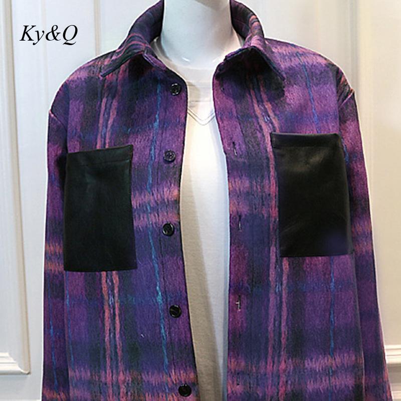 Purple Plaid Shirt Jacket Women&#39;s Long Sleeve Outerwear All-Match Loose Thick Woolen Coat Autumn Winter Style