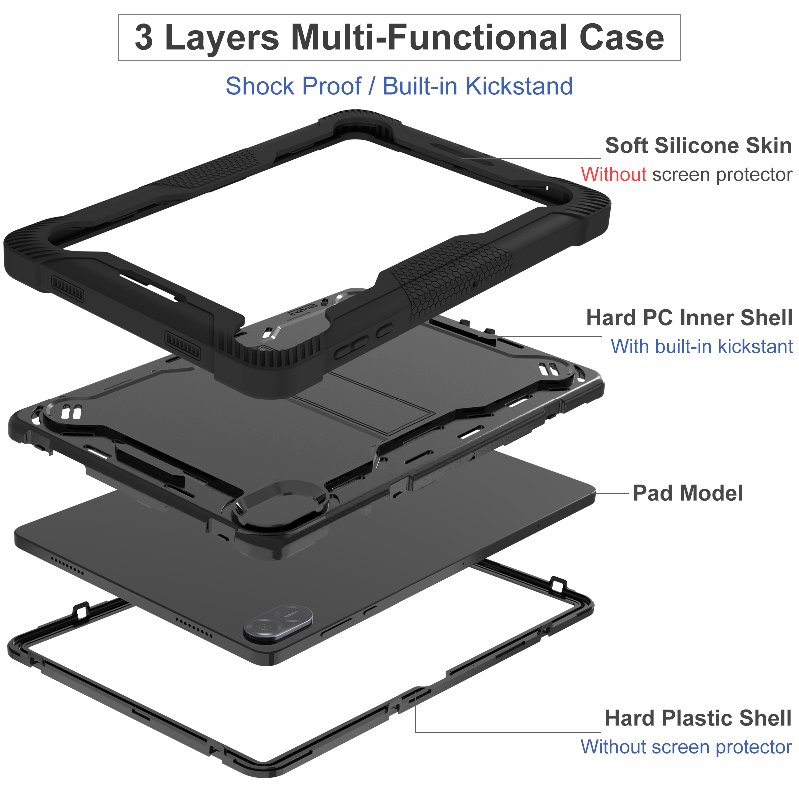 Rüstungshülle für Honor Pad X8a 2024, 11 Zoll, Modell NDL-W09, integrierter Ständer, 3-lagiger Schutz, rutschfeste Abdeckung, stoßfeste Schale