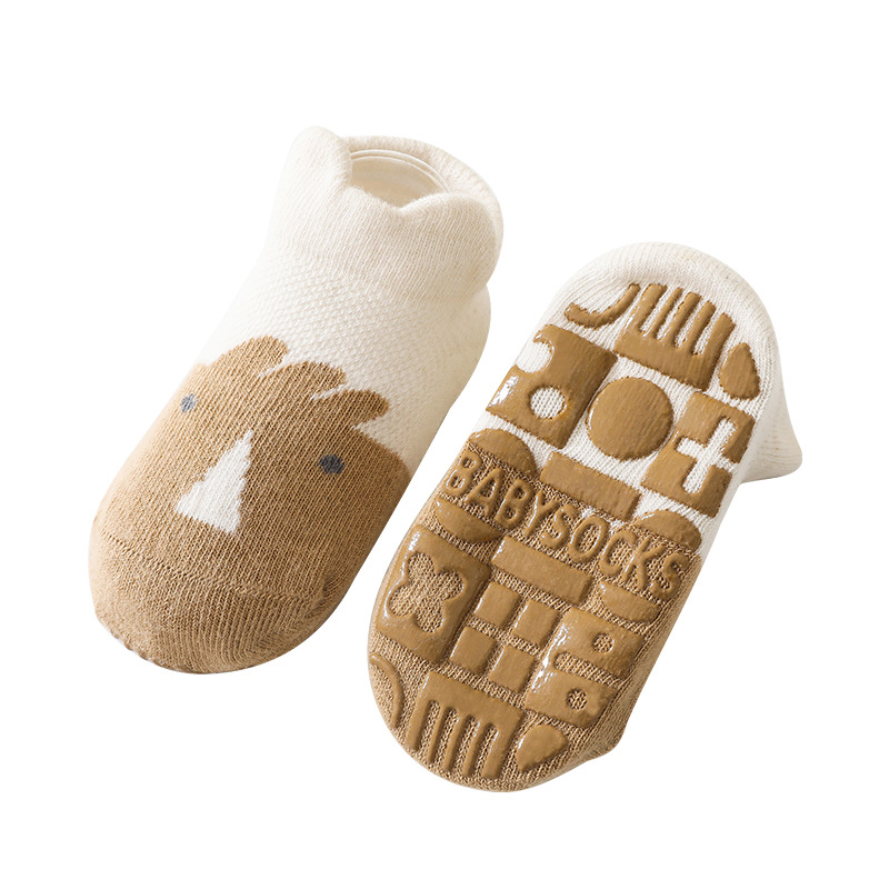 Wecute – chaussettes de sol antidérapantes pour enfants de 1 à 4 ans, pour garçons et filles, printemps et été, fines et respirantes, en coton doux, motif dessin animé: Marron / M for2-4years