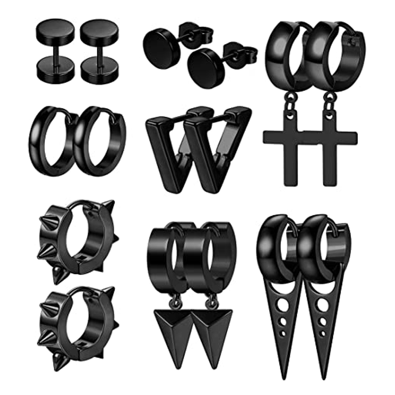 Wkoud 8 Pairs Rvs Punk Stud Oorbellen Voor Mannen Vrouwen Populaire Driehoek Kruis Klinknagel Oorbellen Scharnierende Hanger Ring Pierce