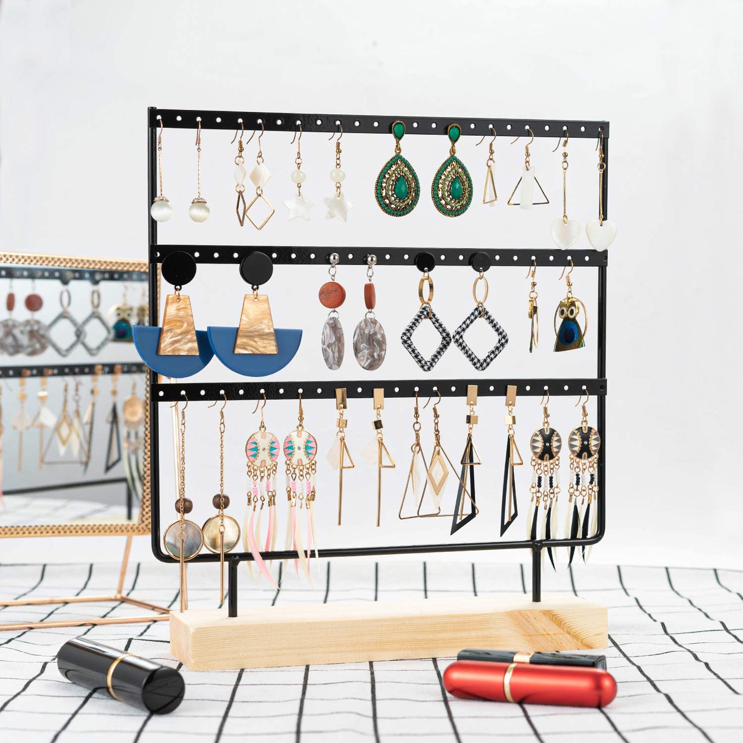 Oorbellenstandaard 3-- laags sieradenhouder organizer 69 gaten met houten basis displayrek voor vrouwen meisjes ho