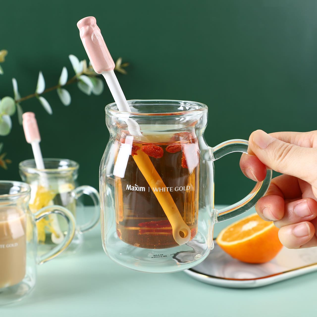 Dubbele Laag Transparante Hoge Temperatuur Creatieve Glazen Beker Met Lepel Drinkware Water Cup Koffiekopje Melk Cup Mok Water Bottl